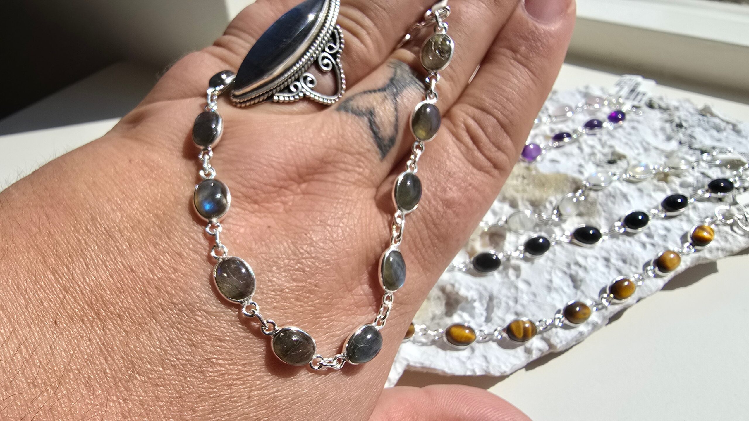 Edelsteen zilver armband Labradoriet Ovaal