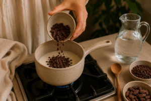 ceremoniele cacao toevoegen aan de melk om te laten smelten in een pan