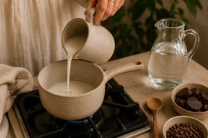 plantaardige melk of water in een pannetje doen om te verwarmen voor de ceremoniele cacao klaar te maken