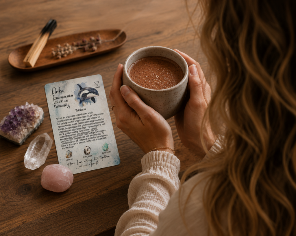 ceremoniele cacao ritueel met een mok vasthoudend, palo santo en kaartje uit nature's divine orcale deck en edelstenen