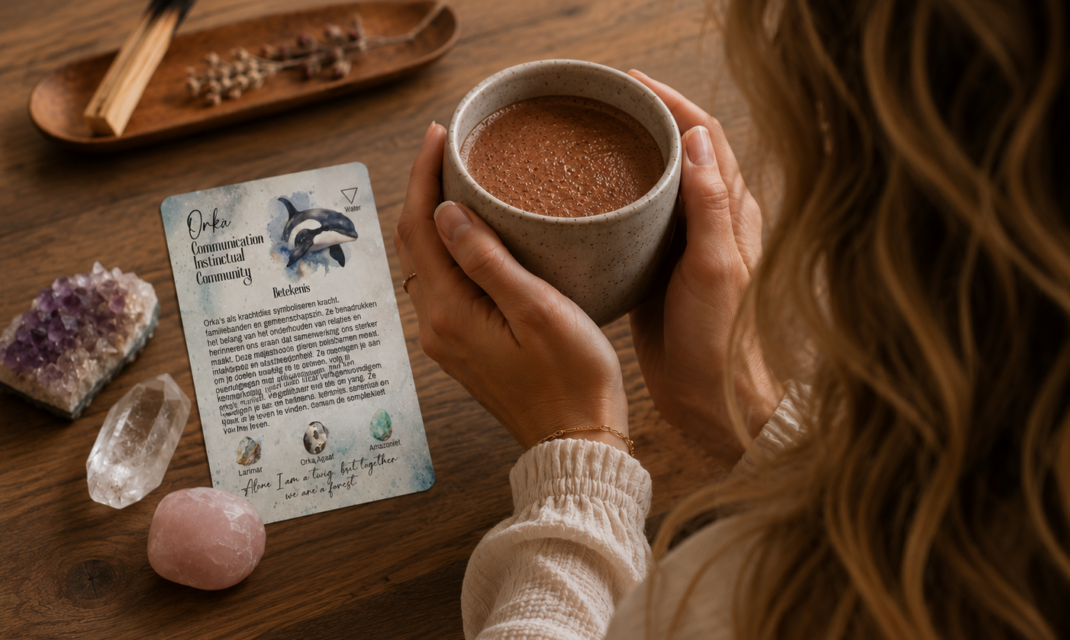 cacao ritueel met kaartje uit kaartendeck natures divine oracle deck en bergkristal, rozenkwarts en amethist met een vrouw mok cacao vasthoudend