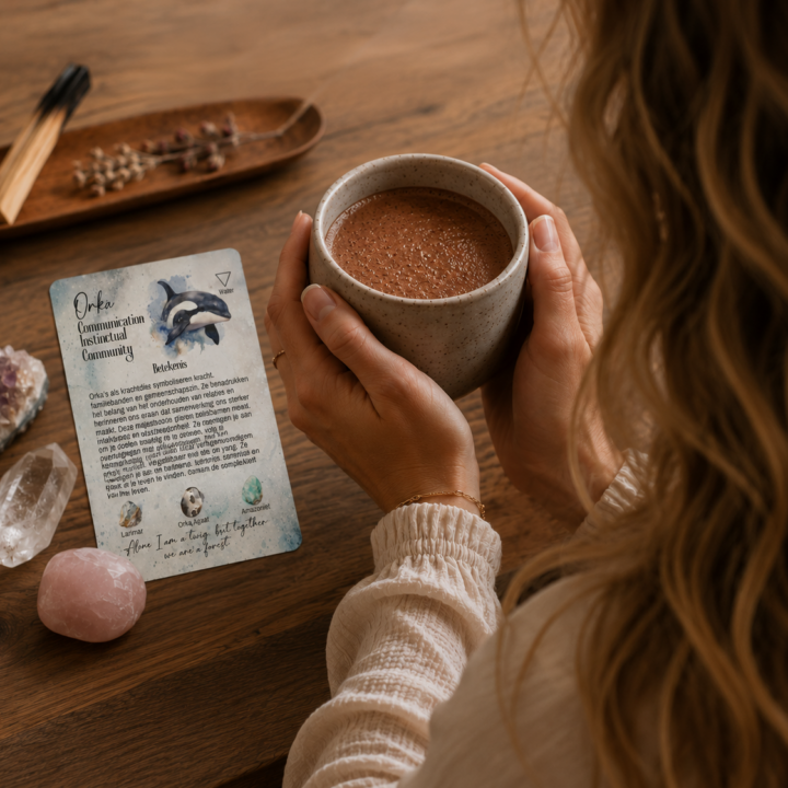 cacao ritueel met kaartje uit kaartendeck natures divine oracle deck en bergkristal, rozenkwarts en amethist met een vrouw mok cacao vasthoudend