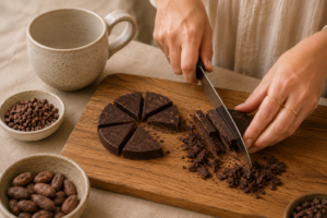 ceremoniele cacao snijden in stukjes voorbereiding van cacao